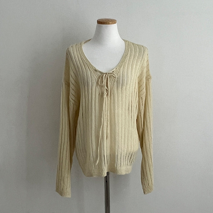 아일렛 리본 시스루 루즈핏 부클 니트