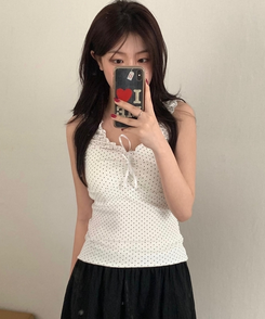 ドットシャーリングリボンキャミソール｜ノースリーブ｜韓国