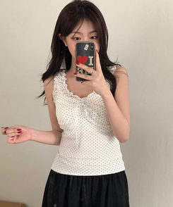ドットシャーリングリボンキャミソール｜ノースリーブ｜韓国