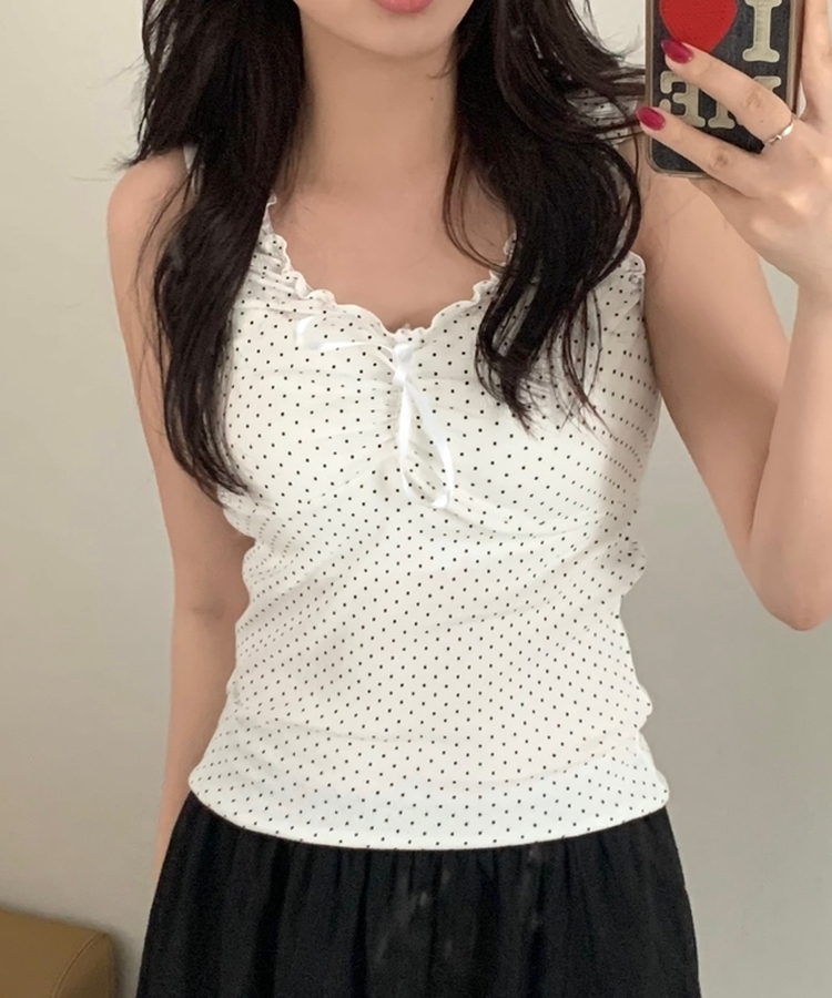 ドットシャーリングリボンキャミソール｜ノースリーブ｜韓国