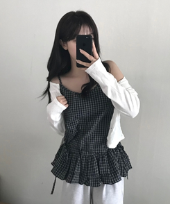 ノースリーブ チェックレイヤードフリルキャミソール BLACK