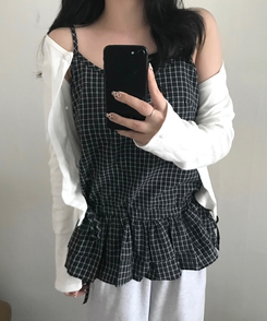 ノースリーブ チェックレイヤードフリルキャミソール BLACK