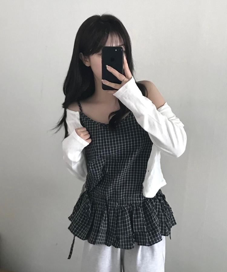 チェックレイヤードフリルキャミソール BLACK