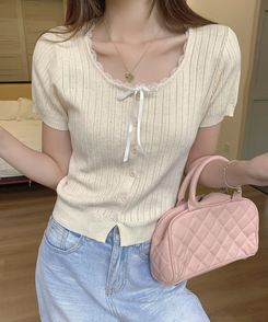 レースリボンカーディガン半袖Tシャツ BEIGE