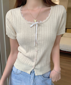 レースリボンカーディガン半袖Tシャツ BEIGE