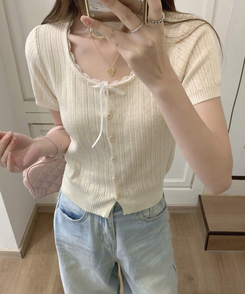 レースリボンカーディガン半袖Tシャツ BEIGE