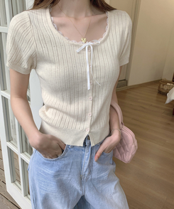 レースリボンカーディガン半袖Tシャツ BEIGE