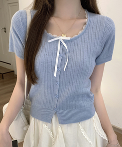 レースリボンカーディガン半袖Tシャツ SKY BLUE