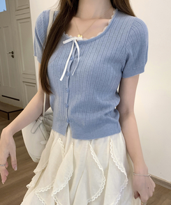 レースリボンカーディガン半袖Tシャツ SKY BLUE