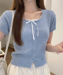 レースリボンカーディガン半袖Tシャツ SKY BLUE