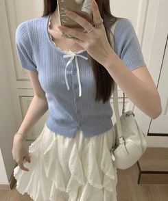 レースリボンカーディガン半袖Tシャツ SKY BLUE