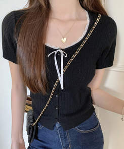 レースリボンカーディガン半袖Tシャツ BLACK