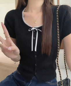 レースリボンカーディガン半袖Tシャツ BLACK