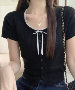 レースリボンカーディガン半袖Tシャツ BLACK