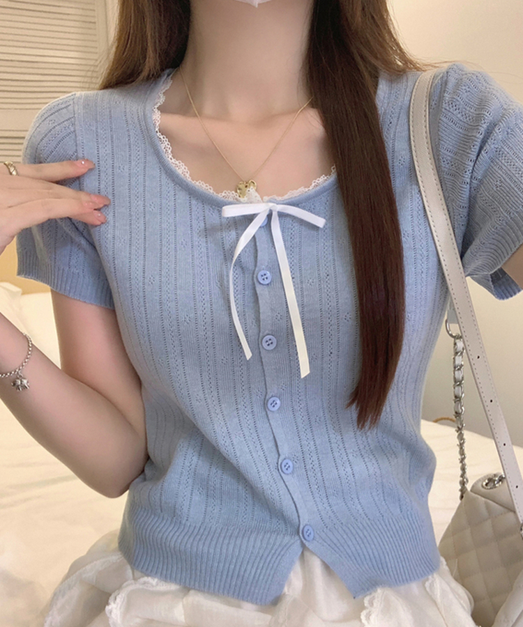 レースリボンカーディガン半袖Tシャツ SKY BLUE