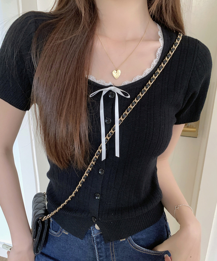 レースリボンカーディガン半袖Tシャツ BLACK