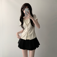 【SET着用可能】ドットカーディガンTシャツ ダブルミニスカート(5color) CREAM-TOP
