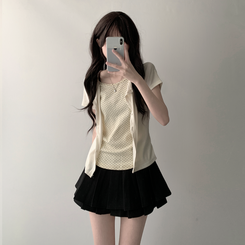 【SET着用可能】ドットカーディガンTシャツ ダブルミニスカート(5color) CREAM-TOP