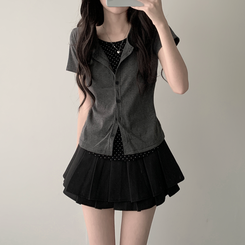【SET着用可能】ドットカーディガンTシャツ ダブルミニスカート(5color) CHARCOAL-TOP