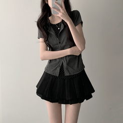 【SET着用可能】ドットカーディガンTシャツ ダブルミニスカート(5color) CHARCOAL-TOP