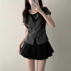 【SET着用可能】ドットカーディガンTシャツ ダブルミニスカート(5color) CHARCOAL-TOP
