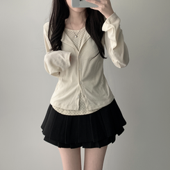 【SET着用可能】ドットカーディガンTシャツ ダブルミニスカート(5color) CREAM-TOP