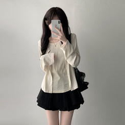【SET着用可能】ドットカーディガンTシャツ ダブルミニスカート(5color) CREAM-TOP
