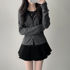 【SET着用可能】ドットカーディガンTシャツ ダブルミニスカート(5color) CHARCOAL-TOP