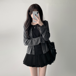【SET着用可能】ドットカーディガンTシャツ ダブルミニスカート(5color) CHARCOAL-TOP