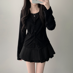 【SET着用可能】ドットカーディガンTシャツ ダブルミニスカート(5color) BLACK-TOP