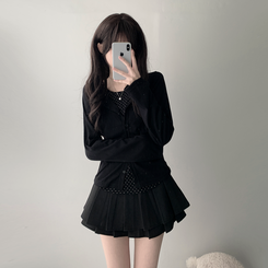 【SET着用可能】ドットカーディガンTシャツ ダブルミニスカート(5color) BLACK-TOP