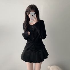 【SET着用可能】ドットカーディガンTシャツ ダブルミニスカート(5color) BLACK-TOP