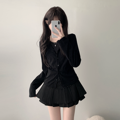 【SET着用可能】ドットカーディガンTシャツ ダブルミニスカート(5color) BLACK-TOP