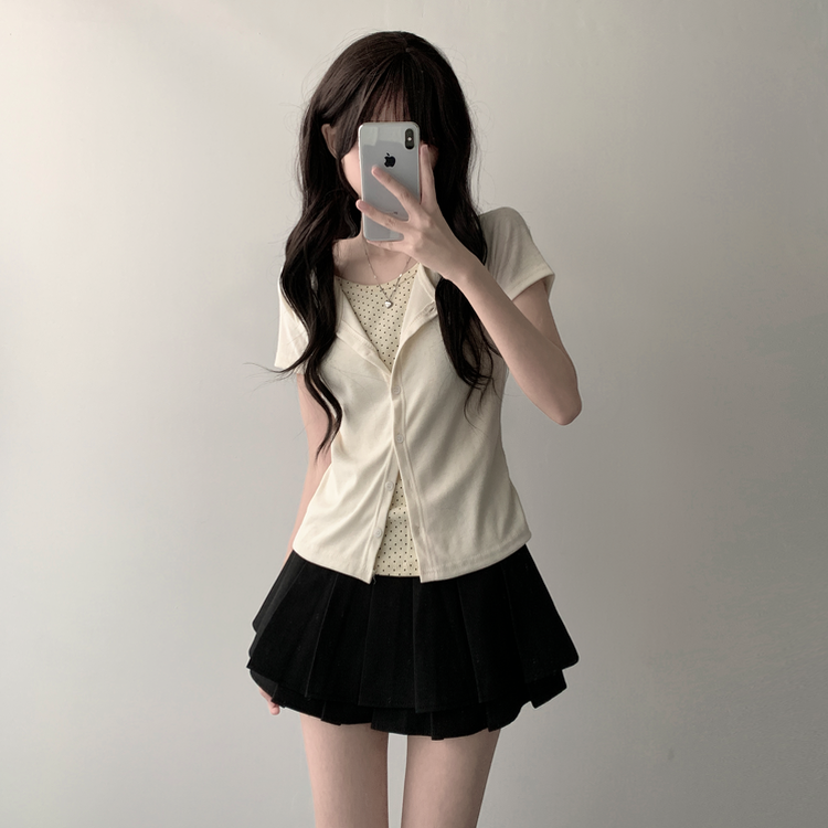 【SET着用可能】ドットカーディガンTシャツ ダブルミニスカート(5color) CREAM-TOP