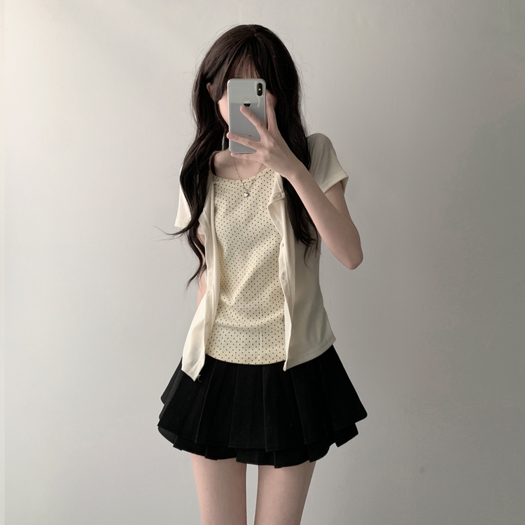 【SET着用可能】ドットカーディガンTシャツ ダブルミニスカート(5color) CREAM-TOP