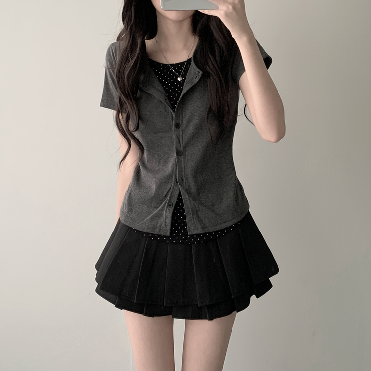 【SET着用可能】ドットカーディガンTシャツ ダブルミニスカート(5color) CHARCOAL-TOP