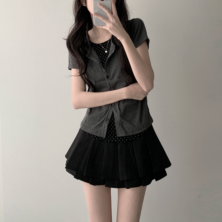 【SET着用可能】ドットカーディガンTシャツ ダブルミニスカート(5color) CHARCOAL-TOP