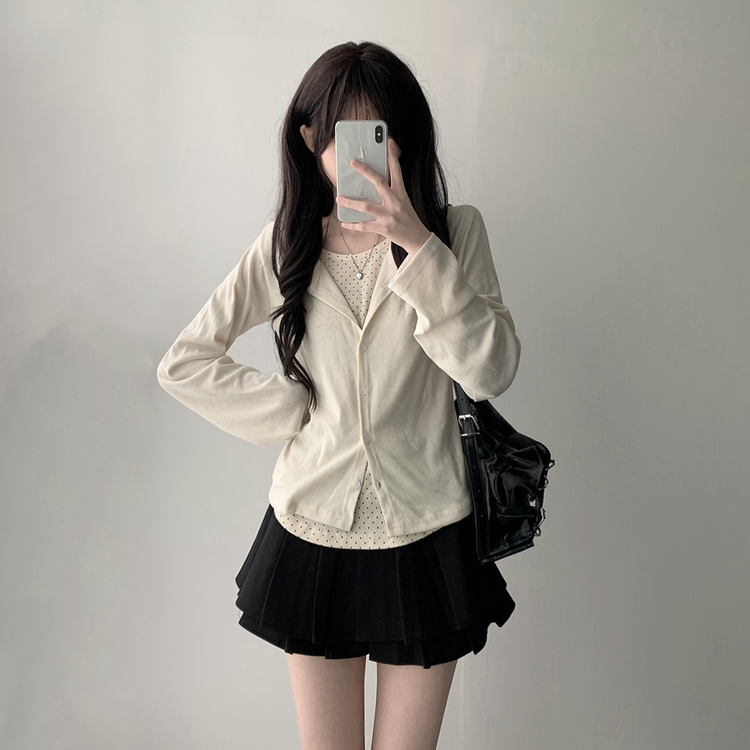 【SET着用可能】ドットカーディガンTシャツ ダブルミニスカート(5color) CREAM-TOP