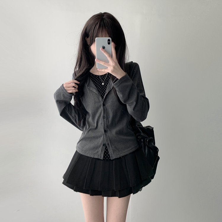 【SET着用可能】ドットカーディガンTシャツ ダブルミニスカート(5color) CHARCOAL-TOP