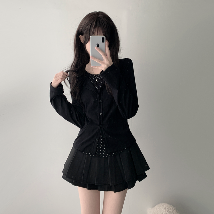 【SET着用可能】ドットカーディガンTシャツ ダブルミニスカート(5color) BLACK-TOP