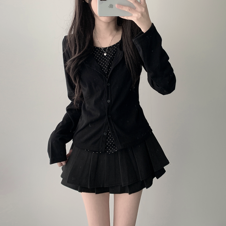 【SET着用可能】ドットカーディガンTシャツ ダブルミニスカート(5color) BLACK-TOP