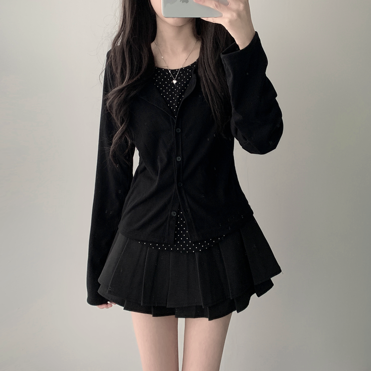 【SET着用可能】ドットカーディガンTシャツ ダブルミニスカート(5color) BLACK-TOP
