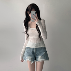 ツーピース 【SET着用可能】シースルーニット レイヤードキャミソール デニムショートパンツ(5color) IVORY-TOP