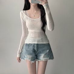 ツーピース 【SET着用可能】シースルーニット レイヤードキャミソール デニムショートパンツ(5color) IVORY-TOP