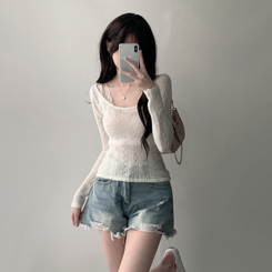 ツーピース 【SET着用可能】シースルーニット レイヤードキャミソール デニムショートパンツ(5color) IVORY-TOP
