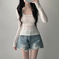 ツーピース 【SET着用可能】シースルーニット レイヤードキャミソール デニムショートパンツ(5color) IVORY-TOP