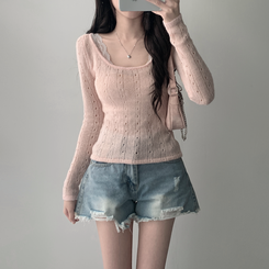 ツーピース 【SET着用可能】シースルーニット レイヤードキャミソール デニムショートパンツ(5color) PINK-TOP