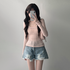 ツーピース 【SET着用可能】シースルーニット レイヤードキャミソール デニムショートパンツ(5color) PINK-TOP