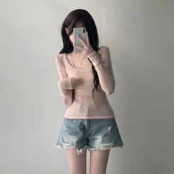 ツーピース 【SET着用可能】シースルーニット レイヤードキャミソール デニムショートパンツ(5color) PINK-TOP