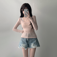 ツーピース 【SET着用可能】シースルーニット レイヤードキャミソール デニムショートパンツ(5color) PINK-TOP